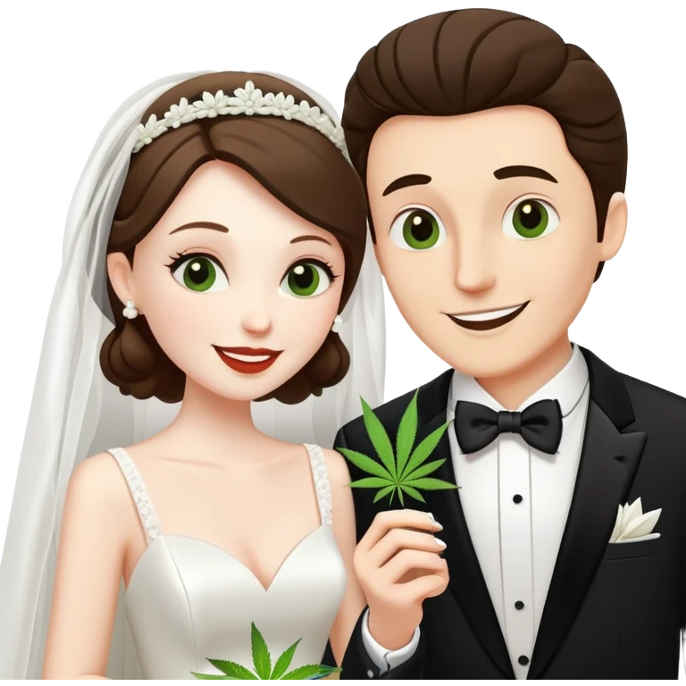 Bride in white dress and groom in tuxedo sharing a cannabis joint, cheerful cartoon wedding couple emoji