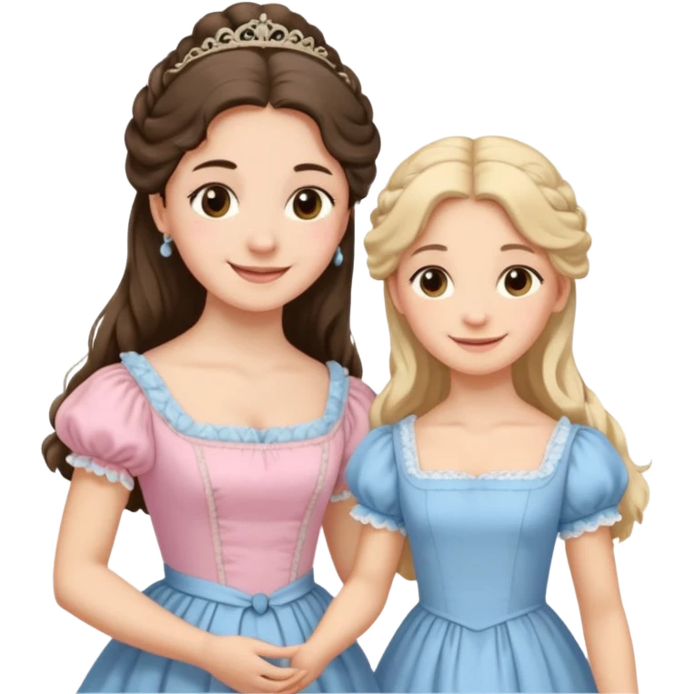 happy long hair brunette girl in light pink dress and blonde girl in light blue dress pride and prejudice emoji