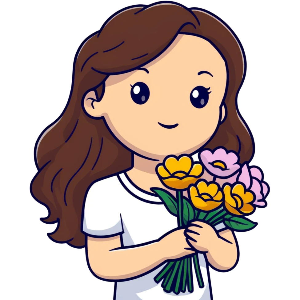 cool girl with long brown hair and fair skin tilting her head to the side while holding a bouquet of flowers emoji