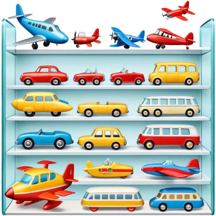 Icon for Toy Collecting: a collection of various vintage toys such as dolls, plush animals, tumblers, cars, planes, ships, action figures, displayed neatly on shelves or in display cases. The icon should evoke the joy and nostalgia of collecting toys. Transparent background. emoji