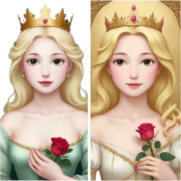 Cinematic Realistic Sleeping Beauty (Aurora) Portrait, with porcelain-like skin featuring a natural rosy flush, illuminated by soft lighting that highlights the gentle contours of her face. Her golden blonde hair flows in soft, detailed waves with subtle highlights that shimmer in the light. Her deep violet-blue eyes radiate warmth and innocence, framed by arched brows and long lashes. With a soft, serene smile, she holds a delicate rose gently in one hand, her other hand resting lightly by her side. She is dressed in her classic pink gown, the fabric rich in texture with delicate folds that catch the light. A golden crown rests atop her head, gleaming with royal refinement. The portrait captures a soft, glowing aura, blending realism with an ethereal sense of beauty and timeless enchantment. emoji