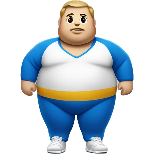 fat man in blue sweatsuit with white stripe down center using apple vision pro emoji