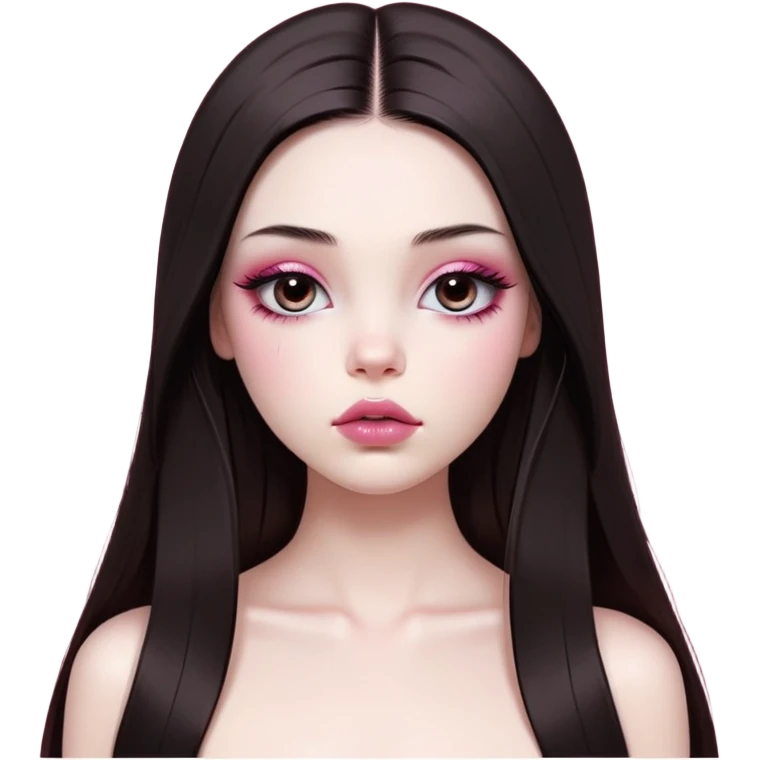 girl with white skin, dark brown long realistic straight hair with middle part prominently falling in front of her body over her shoulders, very big pouty extremely glossy ultra-shiny lips with nude reddish-pink lip gloss and absolutely no cupid's bow, big round eyes with very black shiny eyeballs and huge eyelashes, no eyeshadow, pink blush on cheeks, lighter button nose, exceptionally elongated very long oval-shaped face, wearing a pink off-shoulder top, looking directly at camera with hands down at sides emoji
