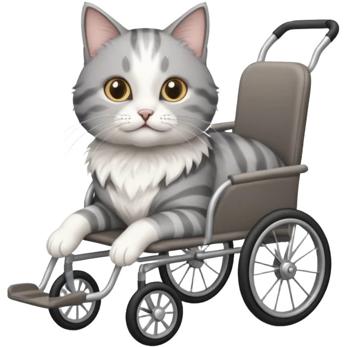 grey and white cat in a pet wheelchair emoji