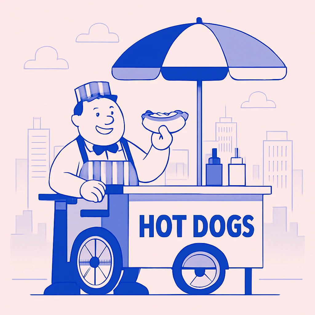 smiling hotdog vendor at street cart with city skyline emoji