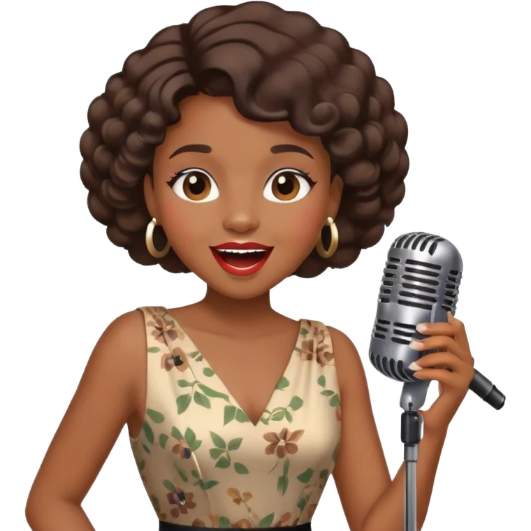 Black jazz singer girl, vintage dress, microphone, joyful expression emoji