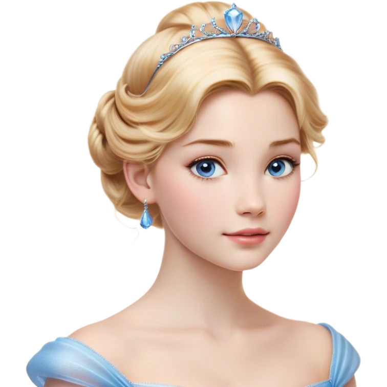 Cinematic Realistic Cinderella Portrait, depicted with lifelike skin texture, subtle rosy undertones, and soft natural lighting that enhances the gentle contours of her face. Her intricately detailed golden blonde hair is elegantly styled in an updo, with delicate wisps framing her face. Her deep, expressive blue eyes radiate warmth and sincerity, reflecting a quiet resilience and grace. She holds a glass slipper gently in one hand, her other hand resting gracefully at her side, emphasizing the timeless beauty of the moment. She is dressed in her iconic ball gown, the fabric shimmering with intricate embroidery and fine translucent layers that catch the light beautifully. The soft sheen of satin gloves adds a magical touch to her graceful pose. The portrait features an enchanting glow with a natural, luminous finish, seamlessly blending realism and fairytale charm to evoke a sense of depth, elegance, and timeless beauty. emoji