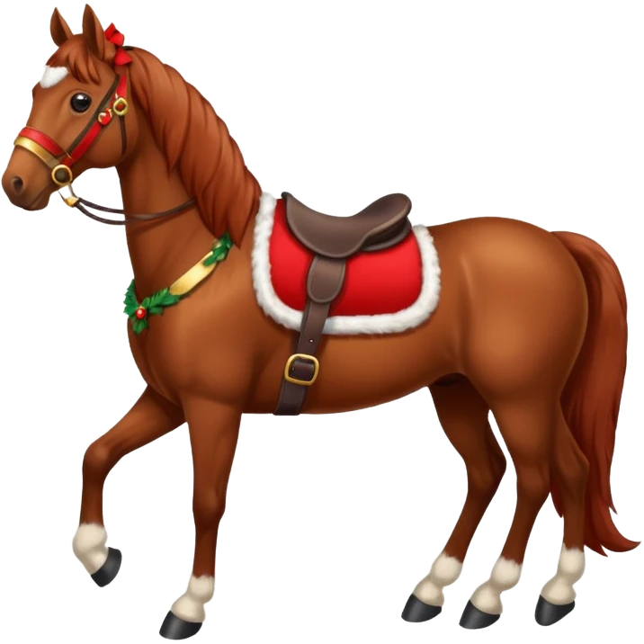 a christmas brown horse with a red saddle emoji
