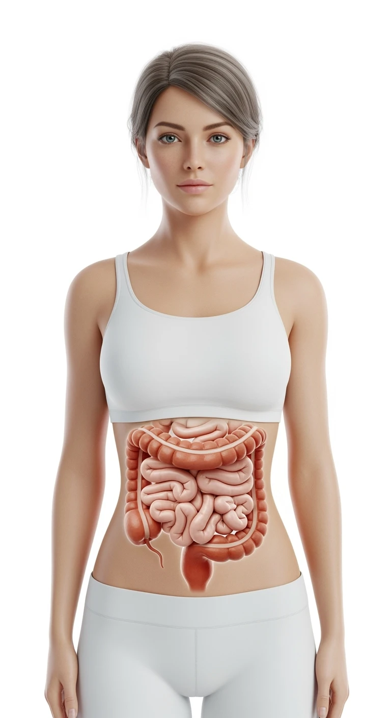 DONNA serena CON INTESTINO UMANO ANATOMICO VISIBILE, ISOLATO SU SFONDO BIANCO emoji
