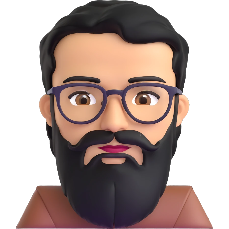 middle eastern man with medium length jet black beard, black hair, unibrow, tan skin, brown eyes, wearing glasses emoji