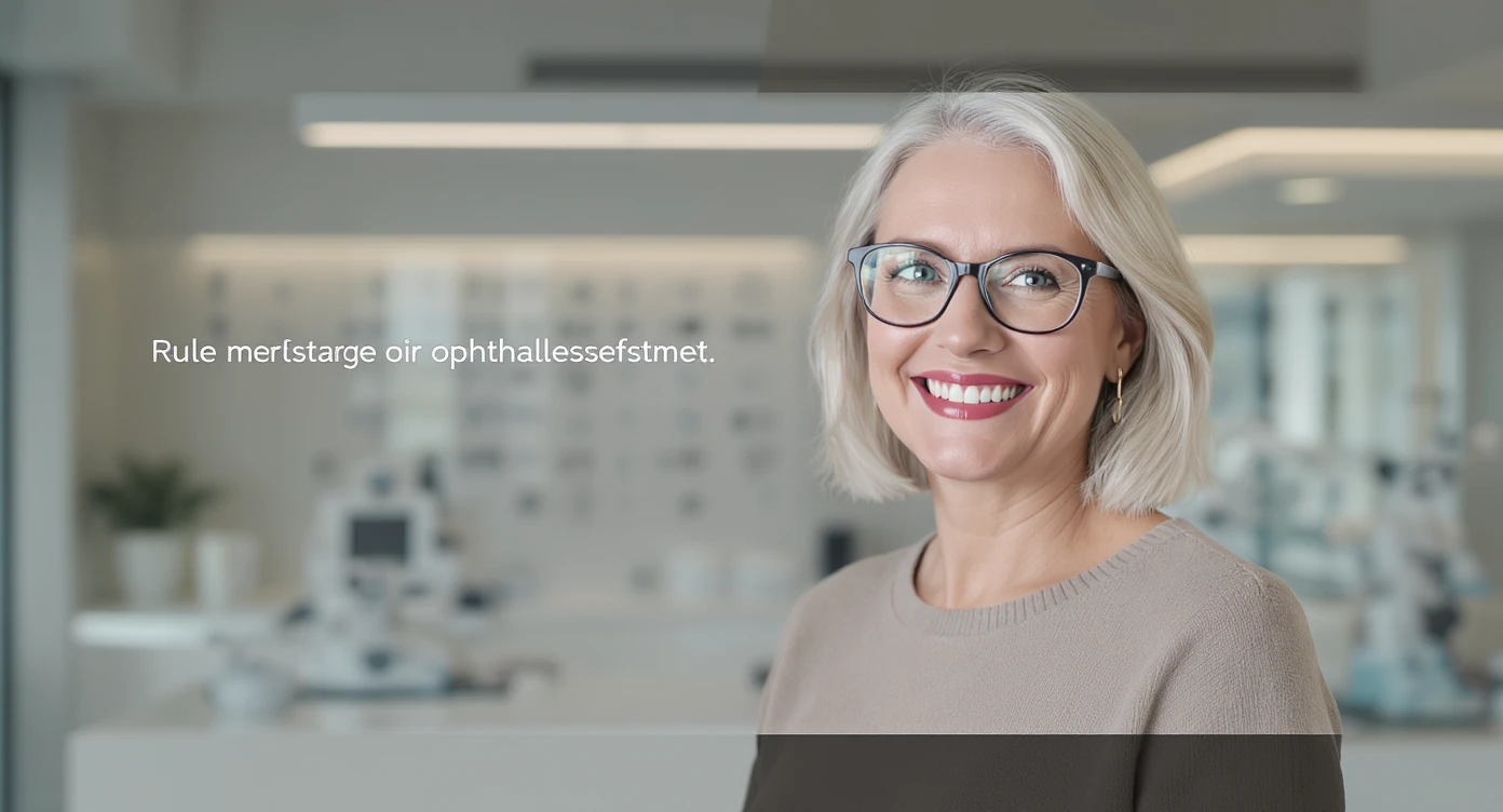 Cinematic still, Proffesional advertising of a smiling european white woman with glasses smiling, minimalistic ophthalmologist interior in background, leading  lines, "rule of thirds", 60/30/10 colors, soft light emoji