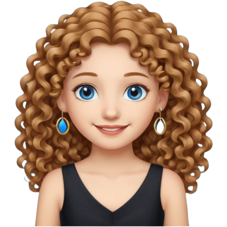 Girl with long light brown curly hair, blue eyes, black dress, hoops earrings. emoji