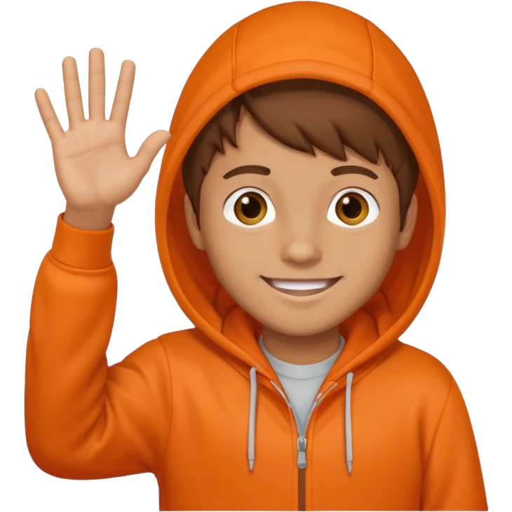 Brown hair boy in orange hoodie smiling and 
waving hi emoji