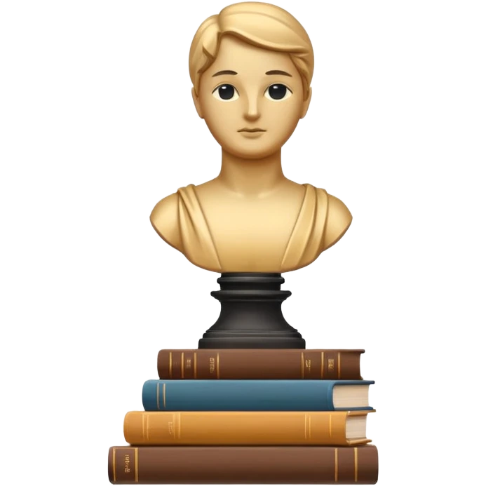 Minimalistic flat vector icon, iOS style, thin black contour on white background. Bust statue on a small pedestal next to a stack of books, symbolizing classic literature. Clean, no text, no shadows emoji