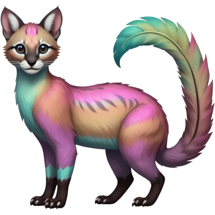 Colorful dark tropical feathery tribal pale light fruity pastel white glorious iridescent divine exotic cute cool beautiful beautiful fantasy-caracal-civet-genet-sergal-vernid-Cacomistle-Trico-oncilla-animal-Fakémon-hybrid-fursona (full body) emoji