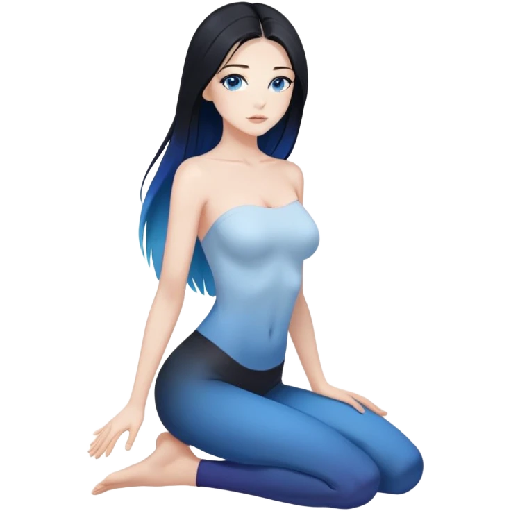 Art of woman's very sexy body scheme anatomy-bare shoulders and front-blue eyes-very long straight black to blue hair ombre-kneeling emoji
