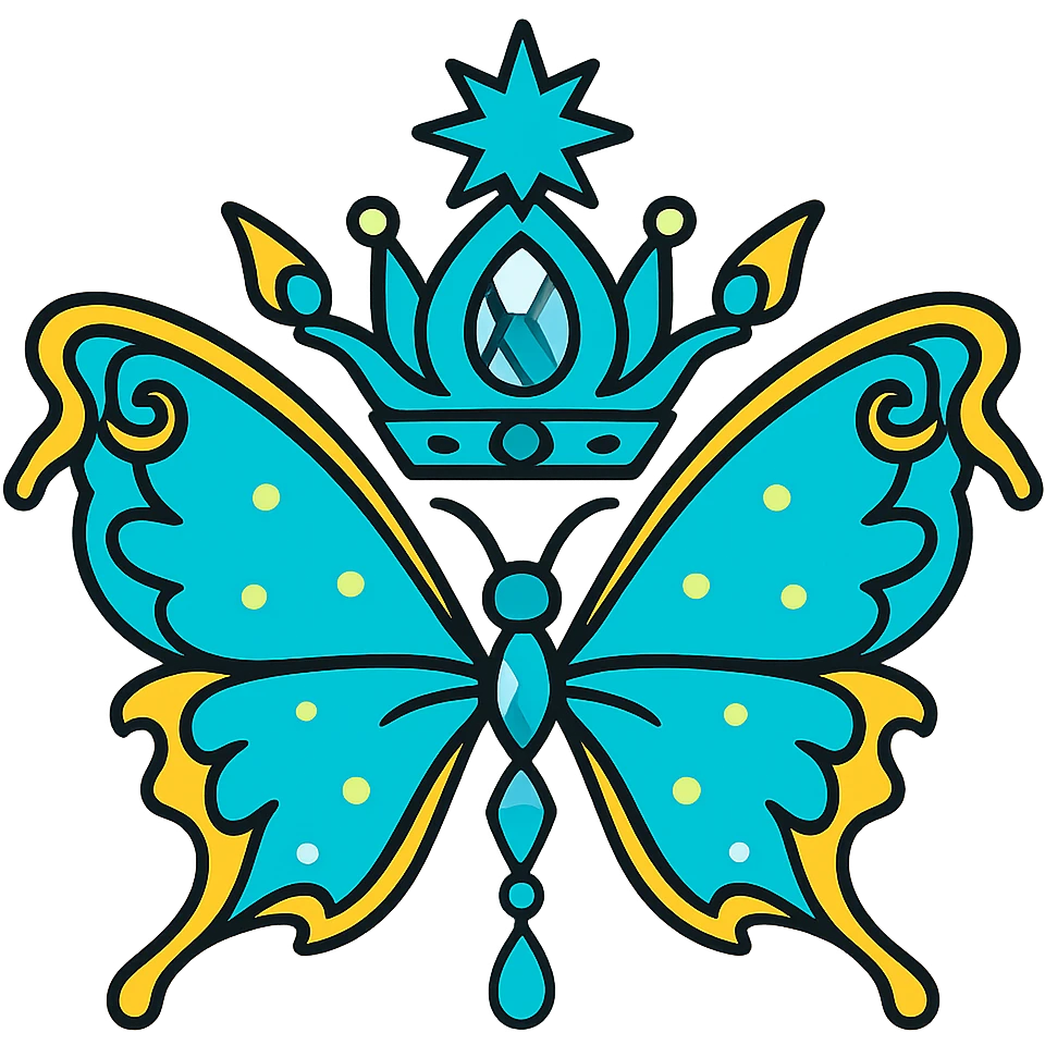 Change only the main color of the butterfly and crown to a glowing cyan, keeping all gold details, shapes, and style exactly as in the original. The result should look like the original but with a cyan main color. Output must be PNG with transparent background, for Discord role icon use. emoji