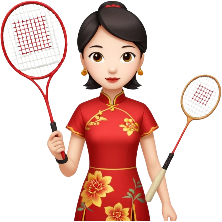 ancient cheongsam girl with 1 badminton racket, red emoji