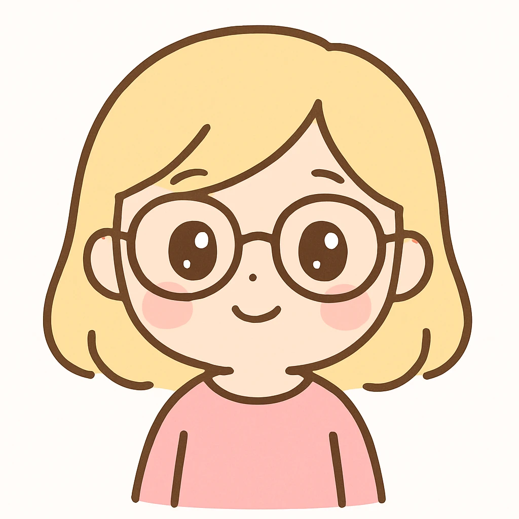 blonde girl, shoulder-length hair, wearing glasses, rosy cheeks, pink clothes, kawaii style, cute appearance emoji