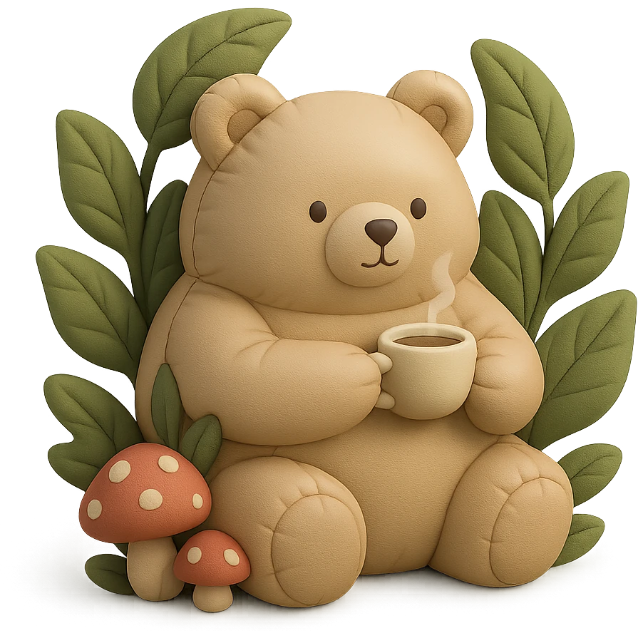 little bear sipping tea in the forest, surrounded by leaves and mushrooms, cushion style emoji