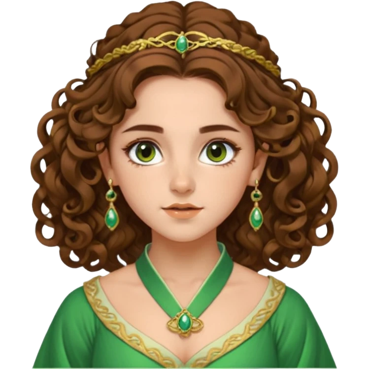 very beautiful italian girl, looking a bit like Emma Watson, with curly and big volume very bright brown hair, and a golden piercing ring in nose on left side, dressed in a beautiful sexy hanfu dress of green colors, nose ring emoji