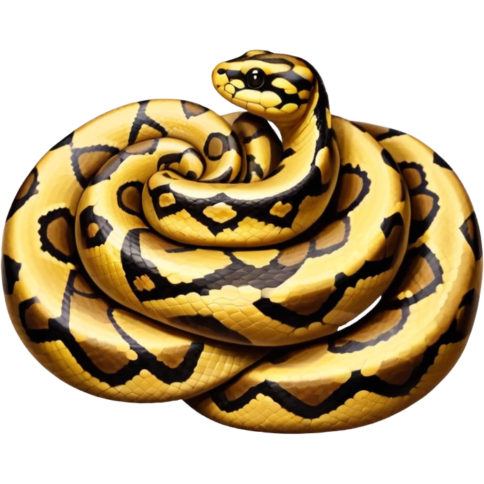 A photo-realistic top-down view of a Ball Python gently coiled into a tight spiral, with its head resting peacefully at the center. The pattern flows smoothly around the curves of its body, emphasizing its natural camouflage and calm demeanor. emoji