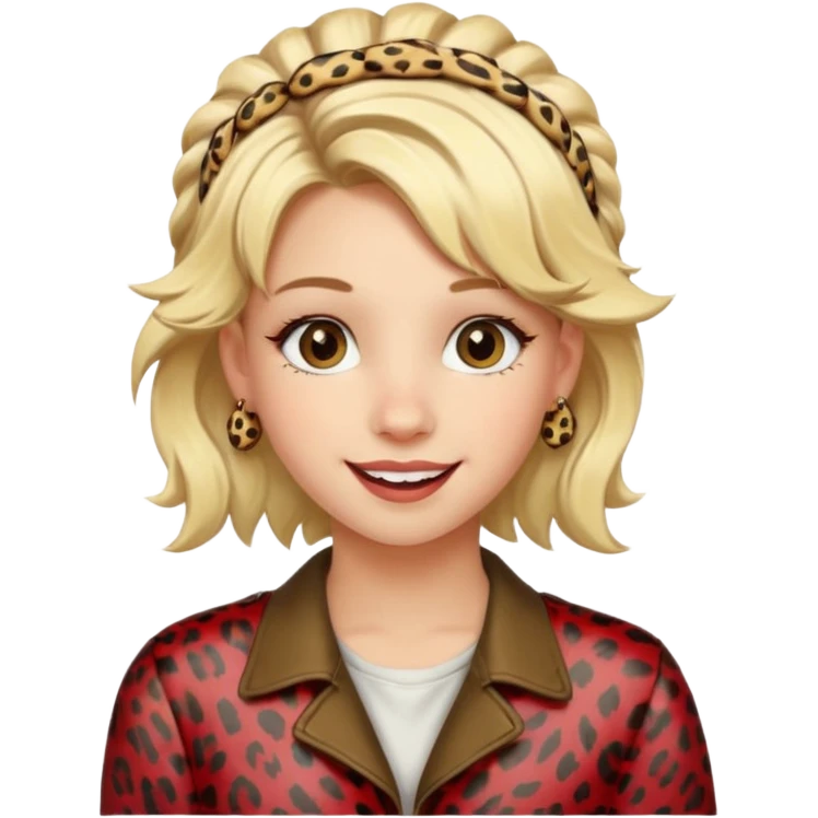 Une fille blonde et joyeuse. Elle porte une coiffure rock et originale avec des barrettes léopard et motif peau de vache. emoji