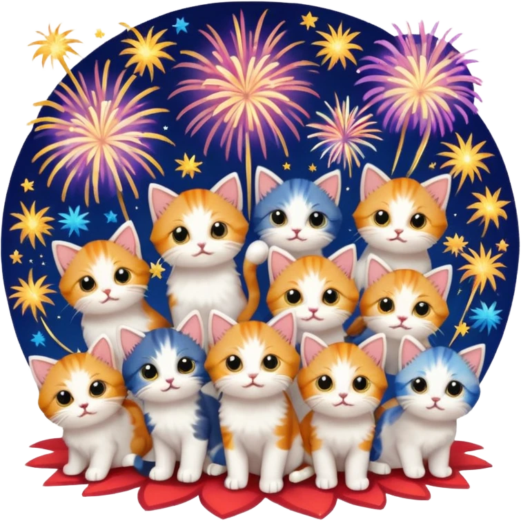 lots of super tiny kittens randomly placed on no background with fireworks behind emoji