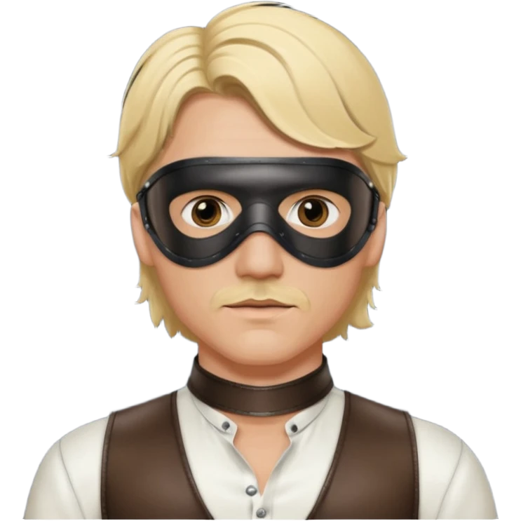 blonde man with leather eye mask and leather halter neck blouse emoji