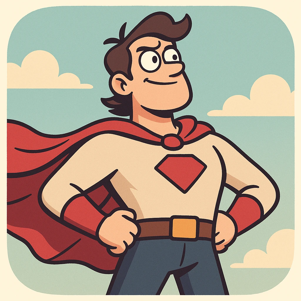 dynamic app icon showing a person with a cape, standing heroically, modern flat style emoji