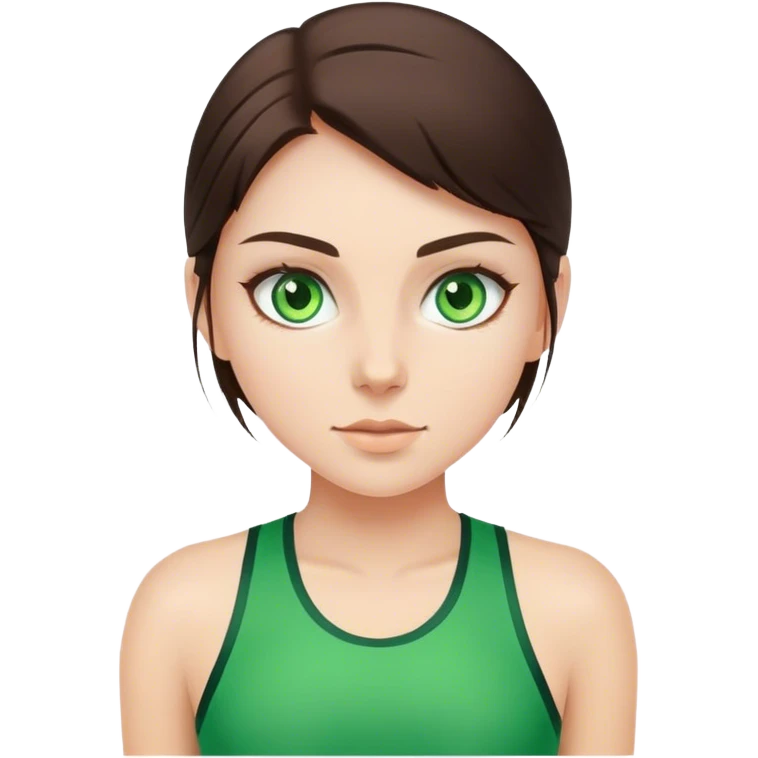 brunette girl with green eyes doing sports emoji