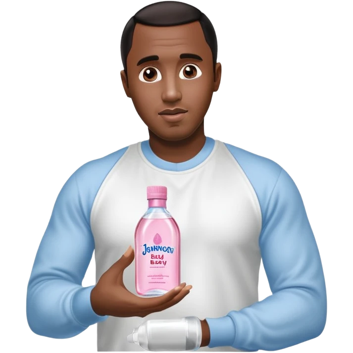 A realistic product shot of a transparent bottle of Johnson’s Baby Oil by Johnson & Johnson, featuring a soft pink label. The oil inside is crystal clear and glossy. Sean "Diddy" Combs is holding the bottle emoji