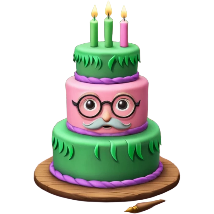 Harry Potter themed pink birthday cake with green 'Happy Birthday Harry' icing, surrounded by wizard books, candles, potion bottles, feathers, and glasses on wooden table, magical atmosphere." emoji