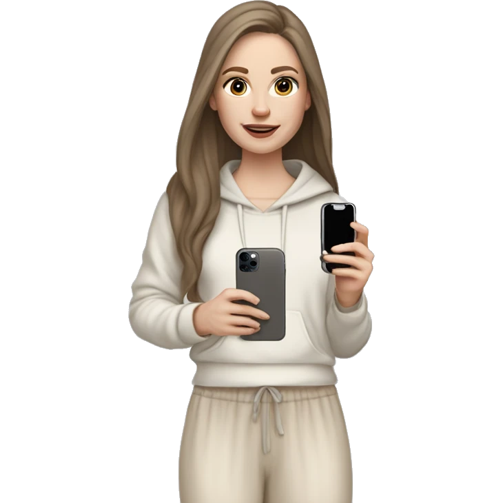 pale skin woman with long brown Hair, white hoodie, beige palazzo Arrow pants and gray blouse holding white IPhone 14 pro in the hands emoji
