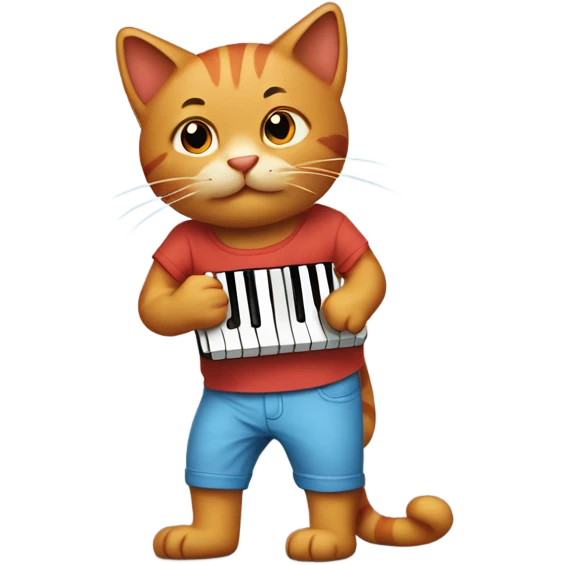 tan-red cat wearing a light-blue t-shirt taps musical keyboard emoji