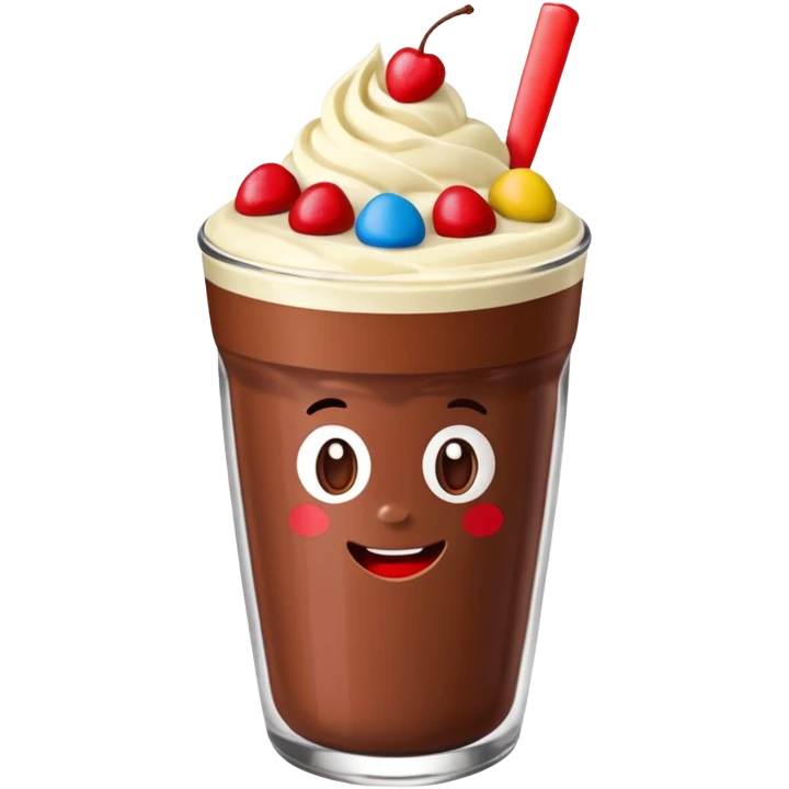 Un vaso cubierto de chocolate que arriba se vea crema batida encima M y M  y fresas encima  emoji