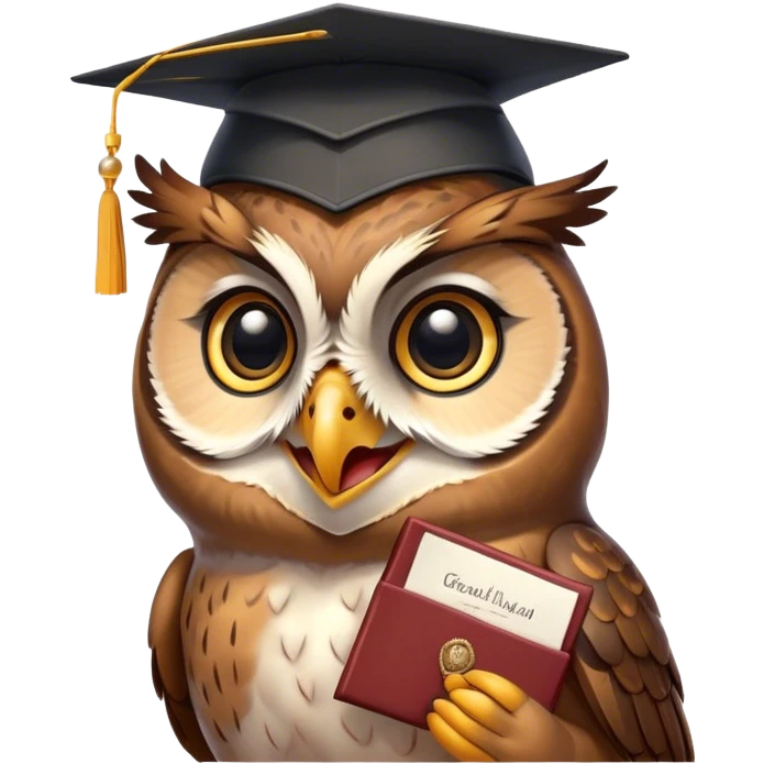 Owl smiling with graduation hat and diploma in claws emoji