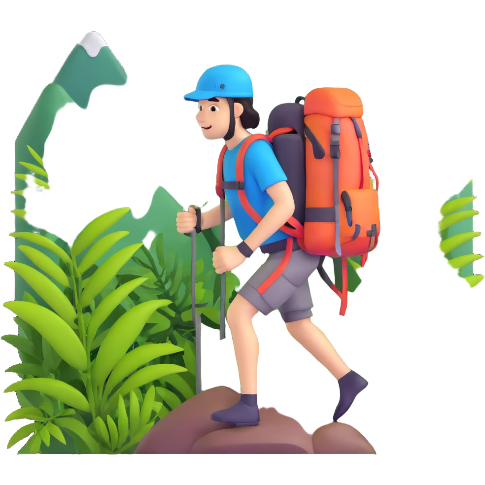 climber with a backpack, surrounded by tropical jungle plants on a mountain emoji
