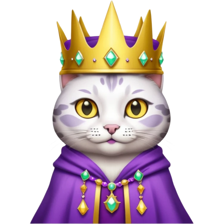 A wizard king cat that is mostly white with black spots and yellow eyes emoji