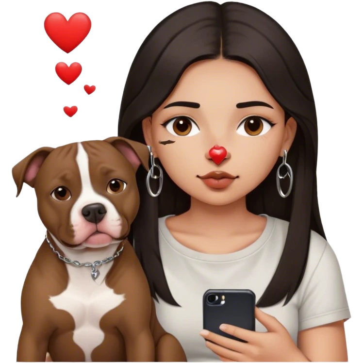 Young girl, with long dark hair,chop you around her face holds her phone sitting by her pitbull. She has a small septum ring in her nose and heart fly all around her. emoji