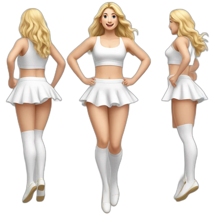 Hyperrealistic Full body Caucasian curvy beauty jumping short white skirt back and front views strong wind knickers long white socks emoji