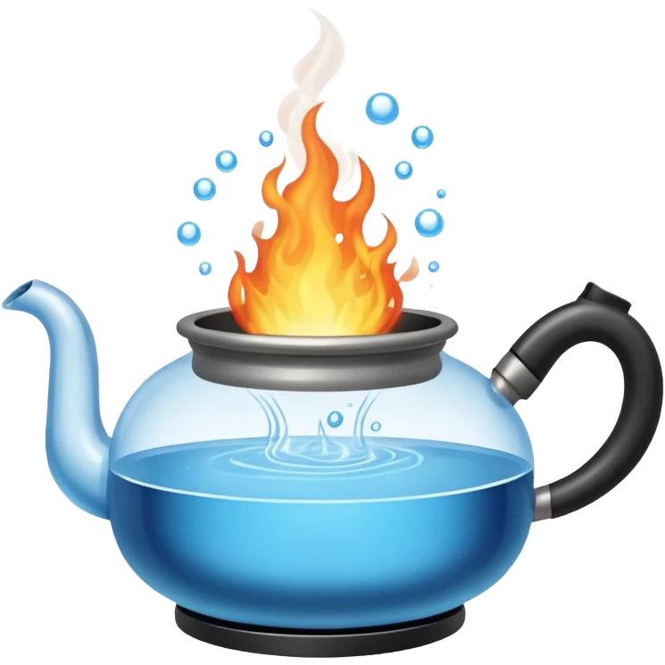  a small pot or kettle filled with water placed on fire, the water is boiling intensely with visible steam and bubbles rising, bright lighting, clean white background emoji