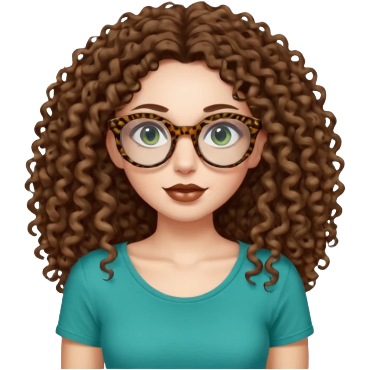 a blue green eyed woman with very very long brunette curly hair, full lips,and pale skin. She is wearing a leopard printed thin round-ish glasses . She is wearing a brown tshirt with a wide neck opening. emoji