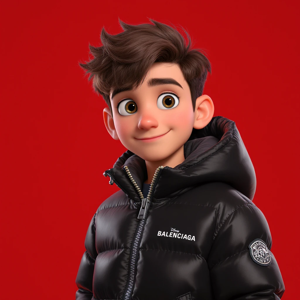 3d disney pixar character, young 18yo boy with dark brown hair, and a shiny black puffer balenciaga design jacket, brave smiling. The background is a solid red color emoji
