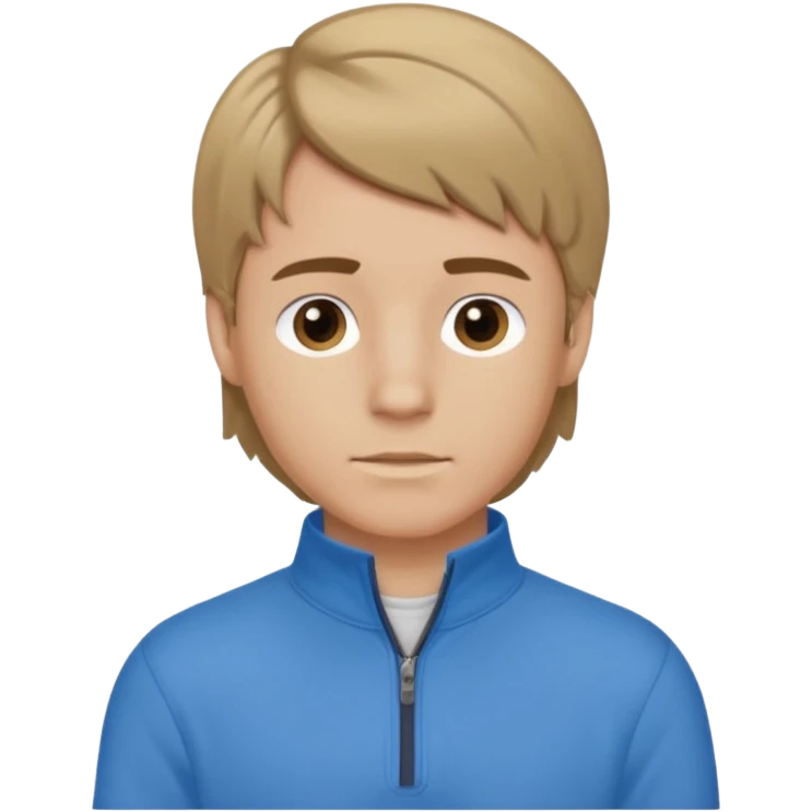 boy with dark blonde hair in a mullet to the front, with a neat blue shirt (not a t-shirt) and brown quarter zip emoji