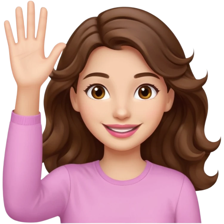 girl with wavy long brown hair, brown eyes, light to medium complexion, long lashes, light pink lipstick, smiling, wearing light pink shirt, waving hello emoji