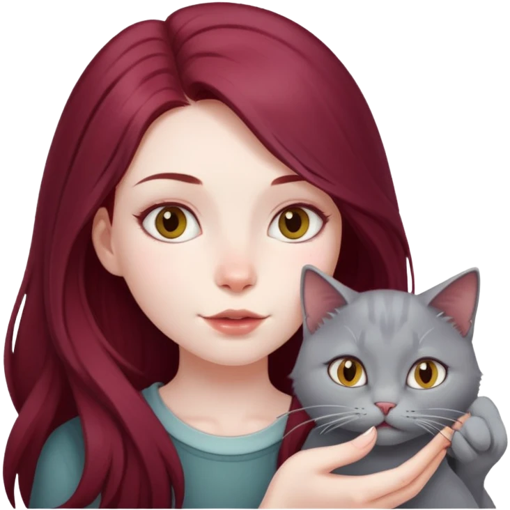 Beautiful long burgundy haired girl feeding gray cat emoji