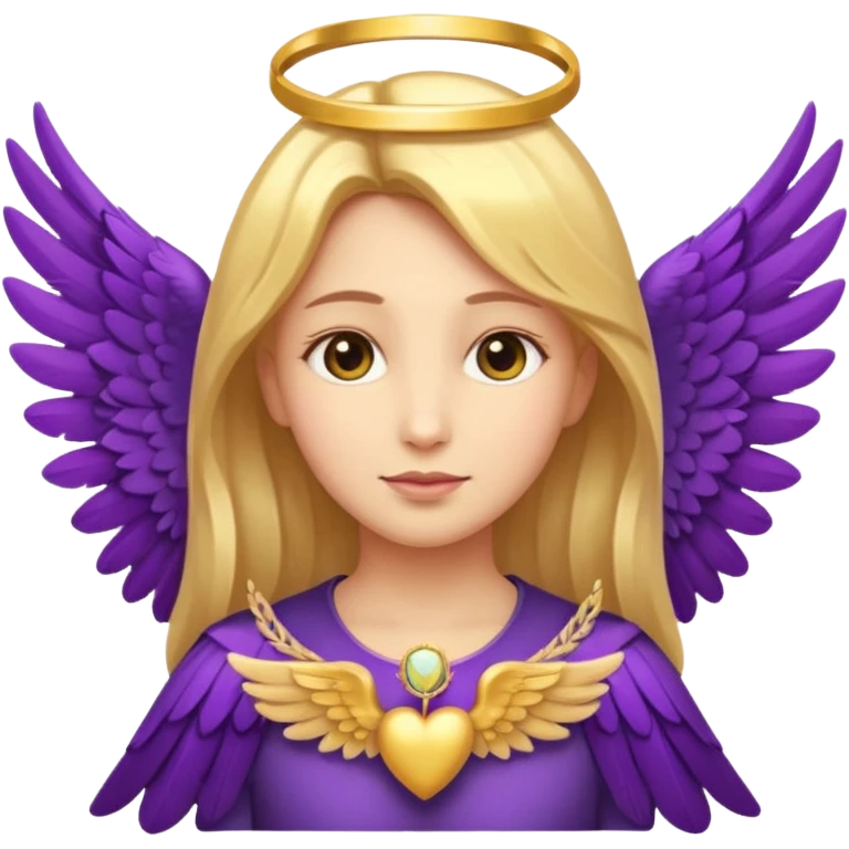 An emoji with a kind female face and two peaceful child faces beside her, four wings in total, purple feathers, golden halo, gentle expression, stylized like an iOS emoji emoji