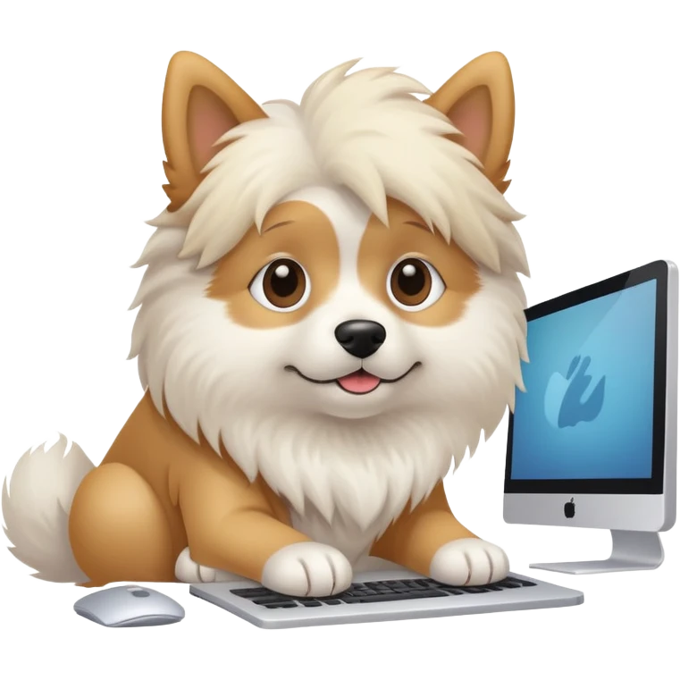 light-colored dog sitting at a computer creating a design emoji