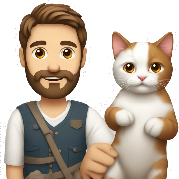 Russian brown hair man with beard holding cute white and red cat emoji